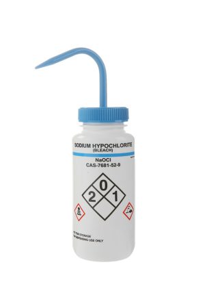Wash Bottles Safety Labeled, Self Venting, Wide Mouth, 500mL, Sodium Hypochlorite, White/Blue