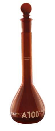 Borosil Amber Volumetric Flask With Glass/Plastic Stopper, ASTM Ind Cert Class A, 100 mL