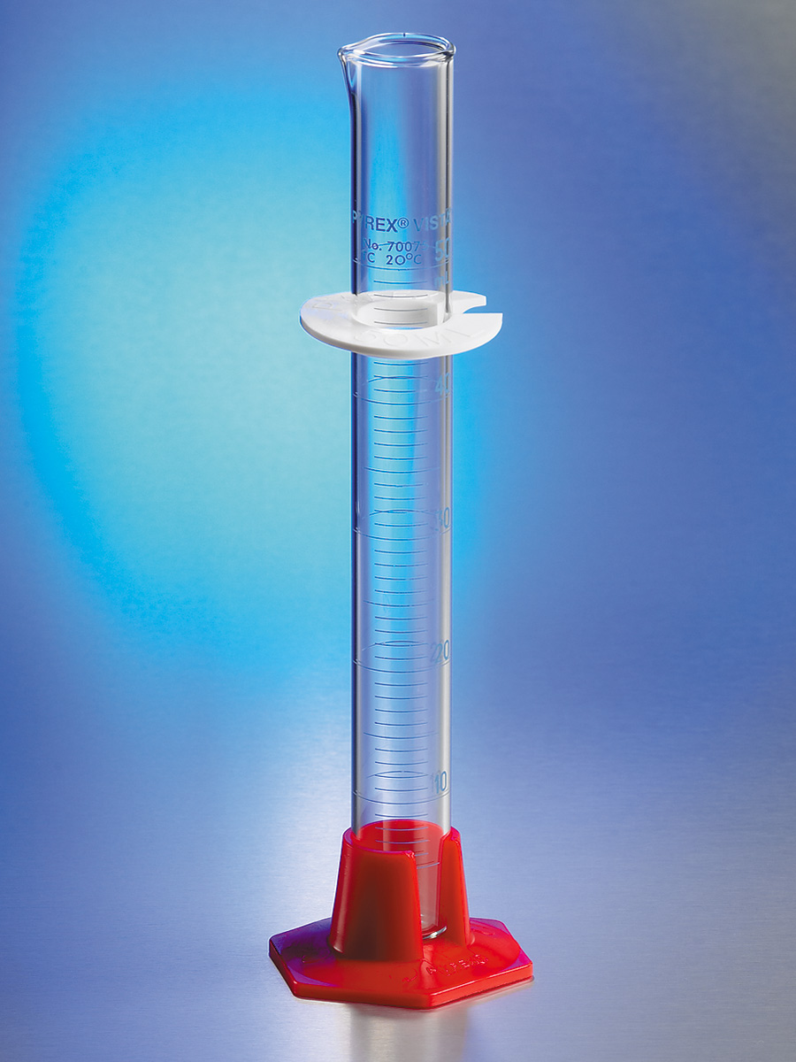 PYREX VISTA 50mL Single Metric Volumetric and Graduated Cylinders, TC, Plastic Hexagonal Base, Blue Graduations